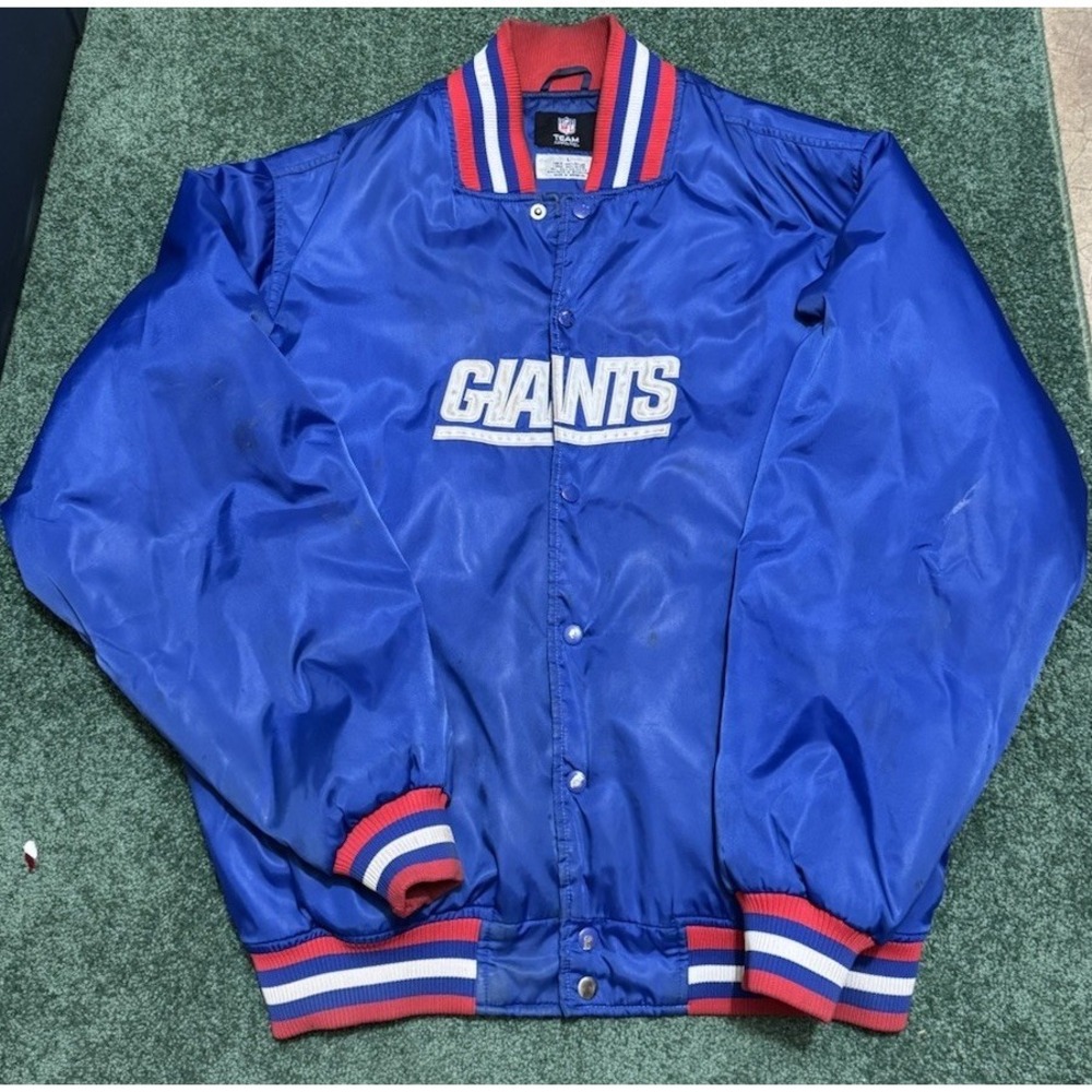 NFL New York GIANTS Majestic Men's Button Up Satin Bomber Jacket Sz: L Blue Used